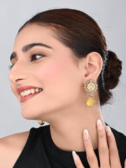 Gold plated Flower Stud with tear drop earring - Yellow