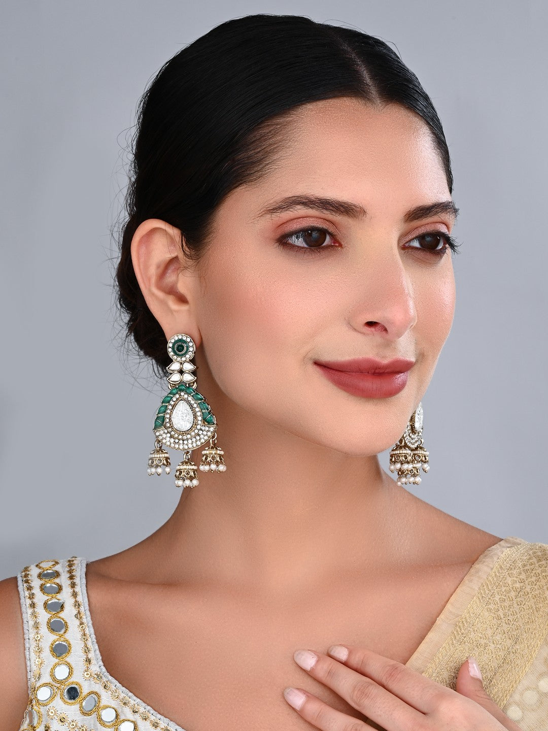 Kundan Chandbali Earrings with Jhumka Drops Green