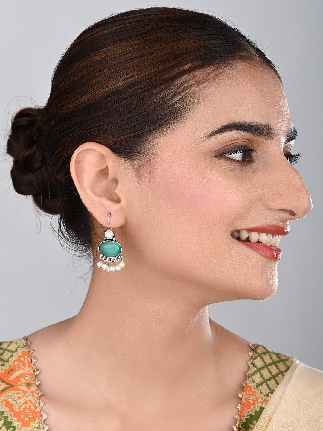 Sage green Stone Pearl Fringe Drop Earrings