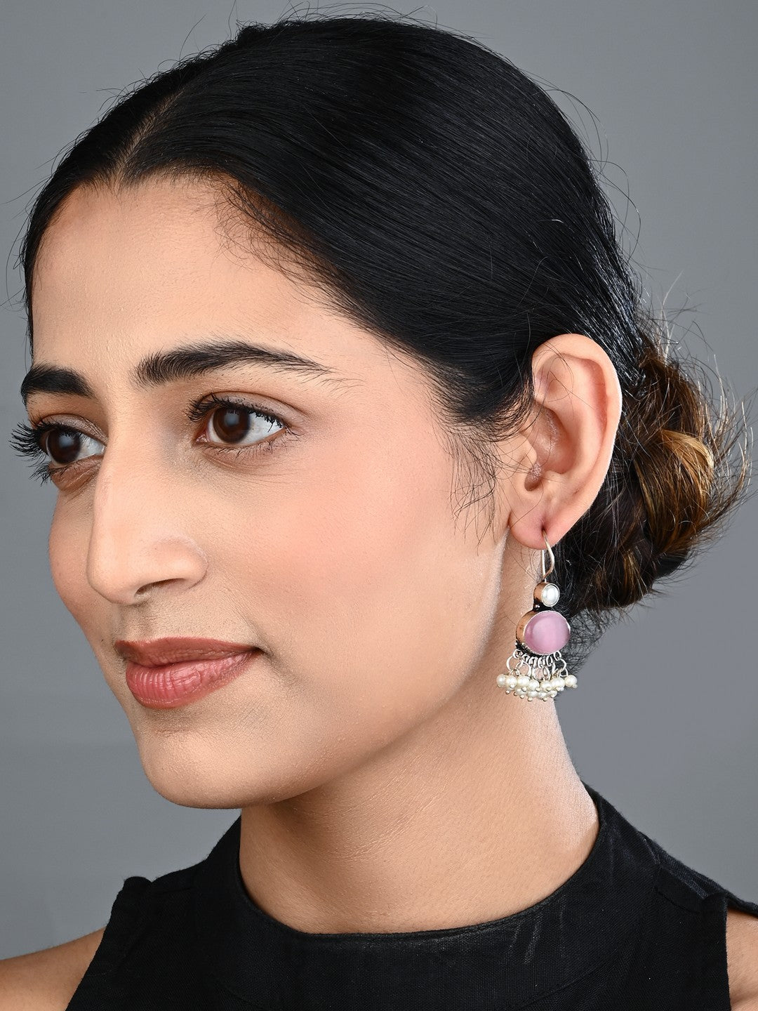Pink Blue Stone Pearl Fringe Drop Earrings