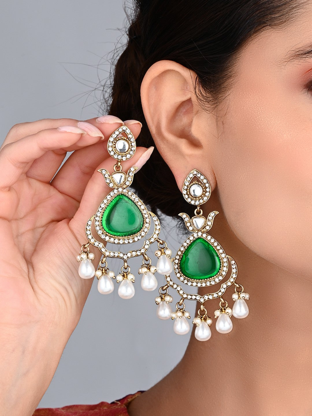 Myra Green Kundan Drop Earrings with Pearl Accents