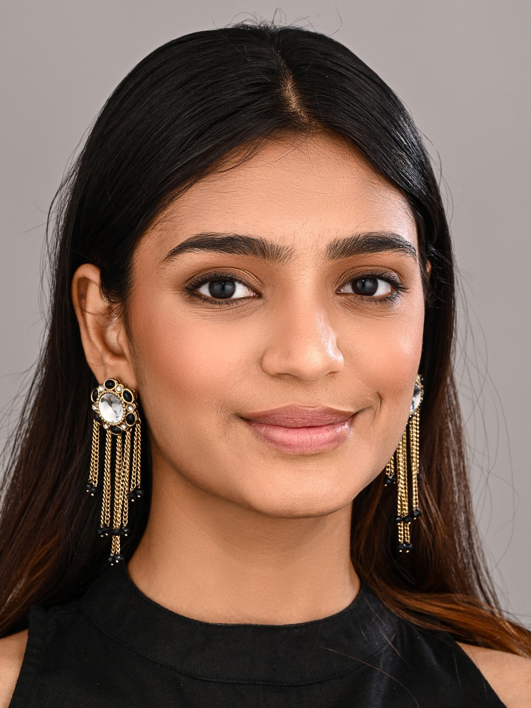 Kundan Tassel Drop Earrings - Black