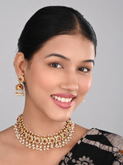 Gold-Plated Kemp Stone Necklace Set with Jhumka Earrings Red