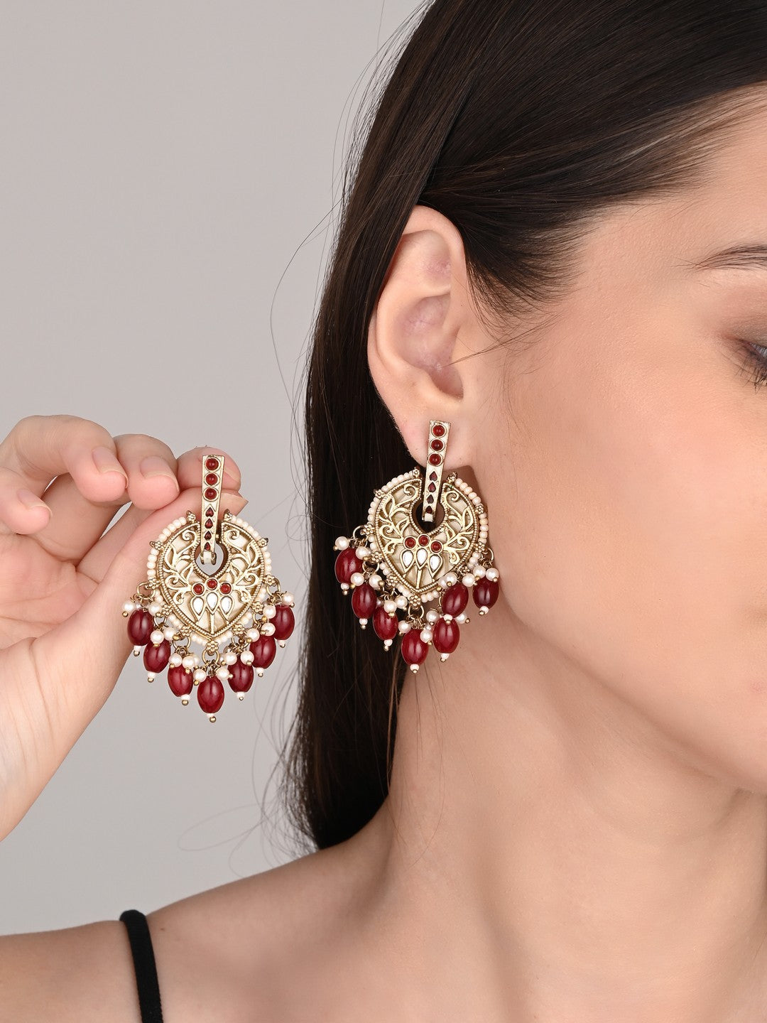 Pear-Shaped MOP Drop Earrings with Red Pearl Charm