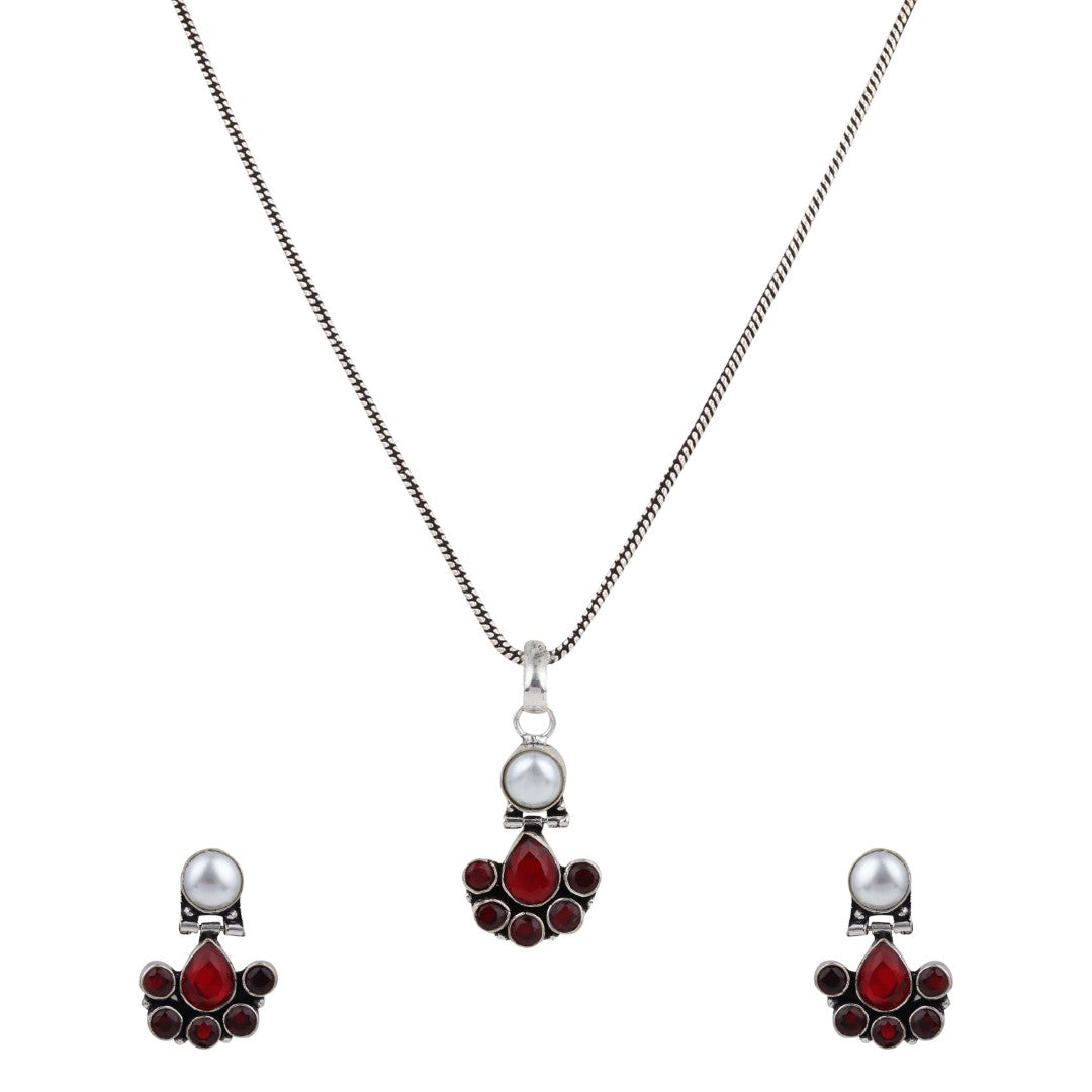 Floral Crystal Pendant Necklace Set with Matching Stud Earrings - Red