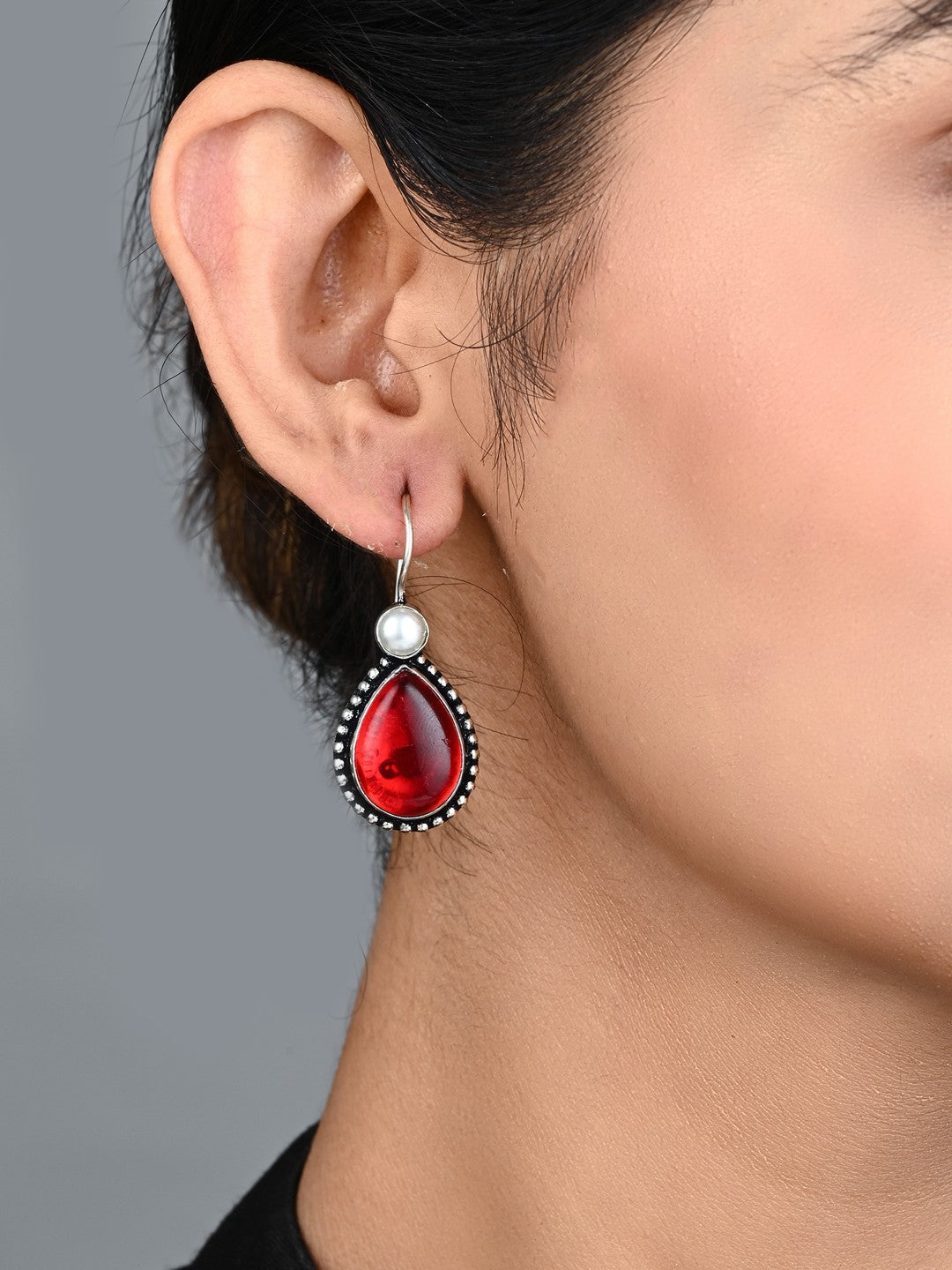 Silver Oxydised Red drop earring