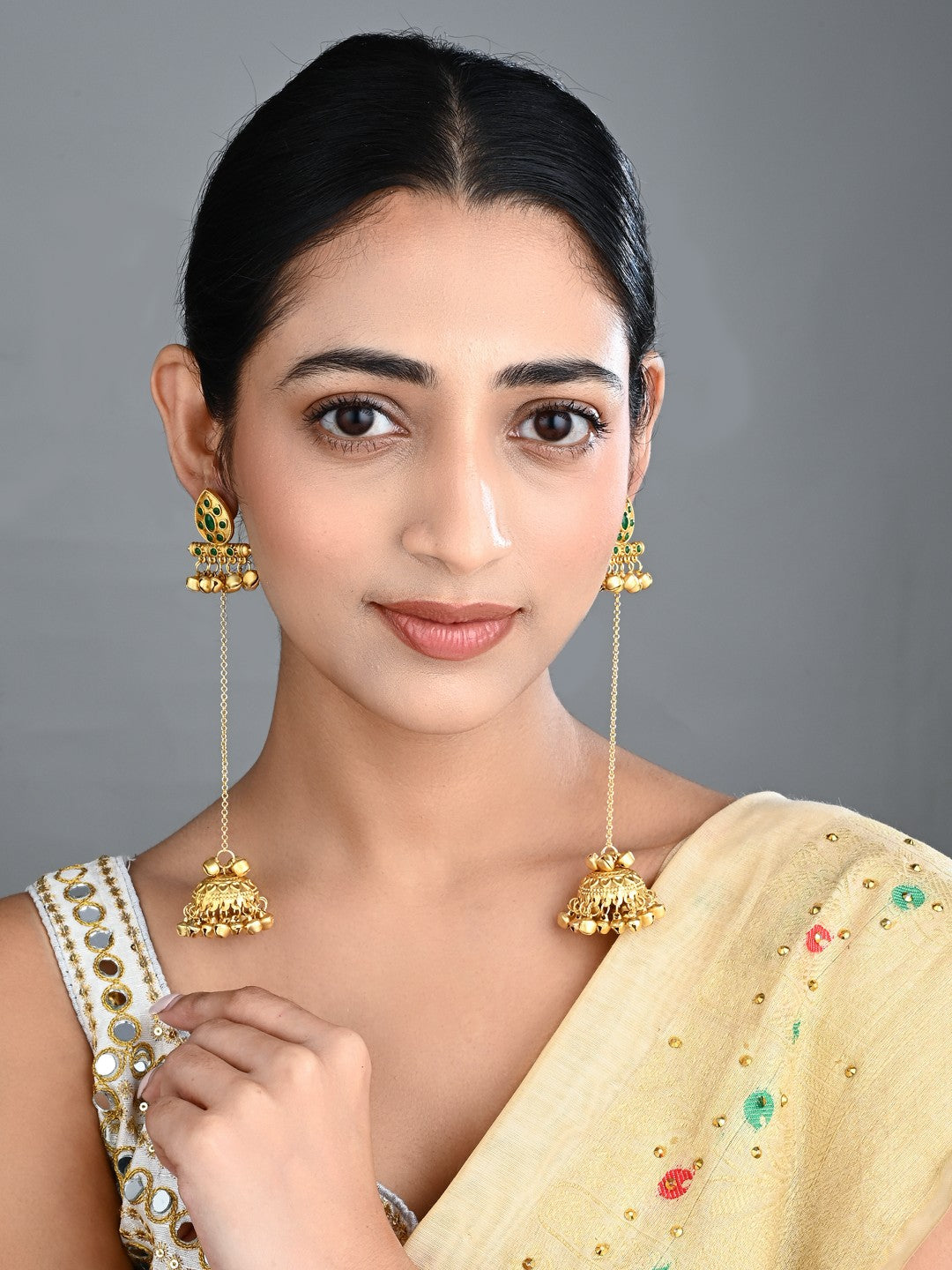 Emerald Temple Jhumka Earrings with Long Chain Tassels