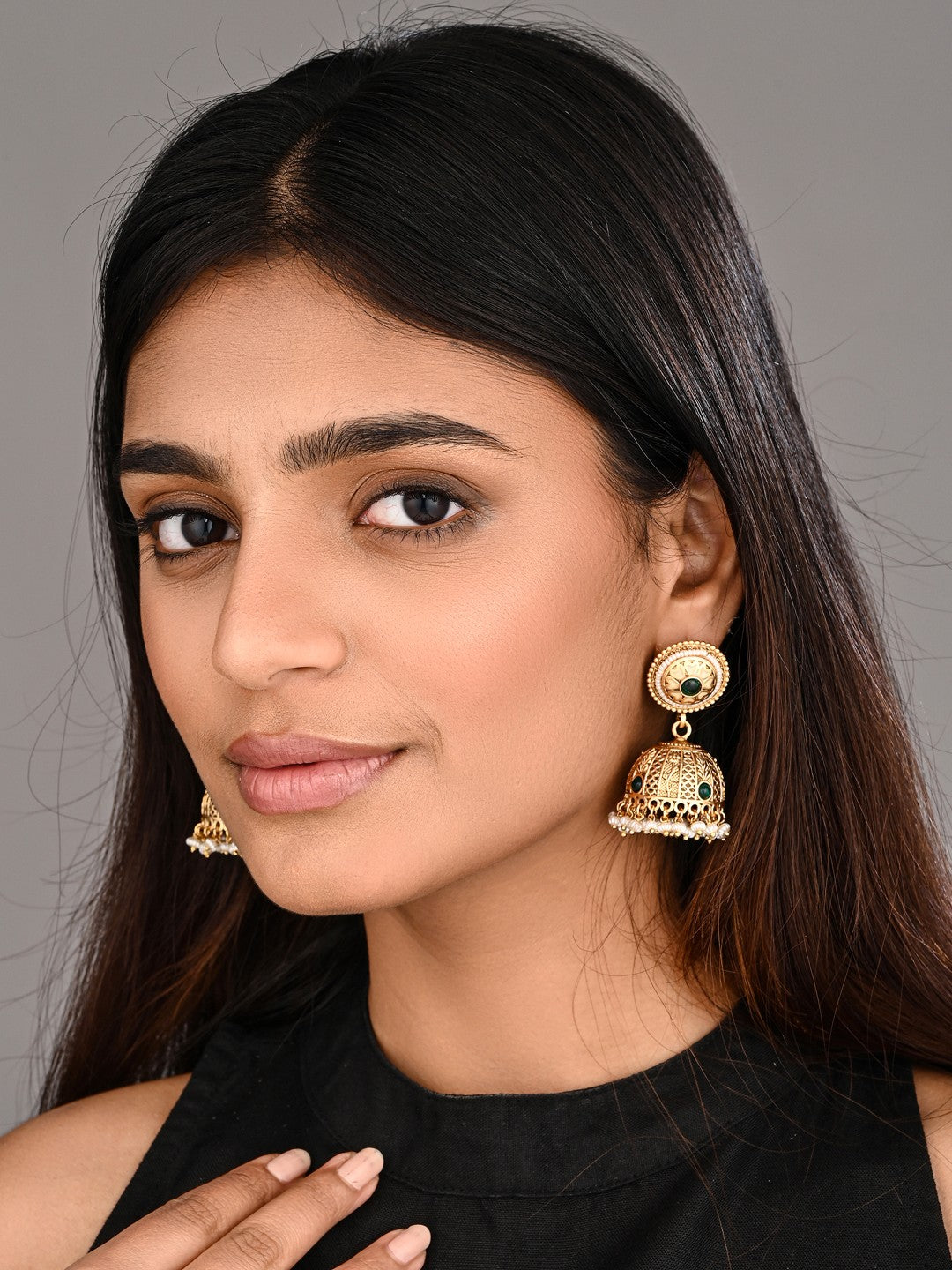 Royal Green Stone Antique Jhumka Earrings