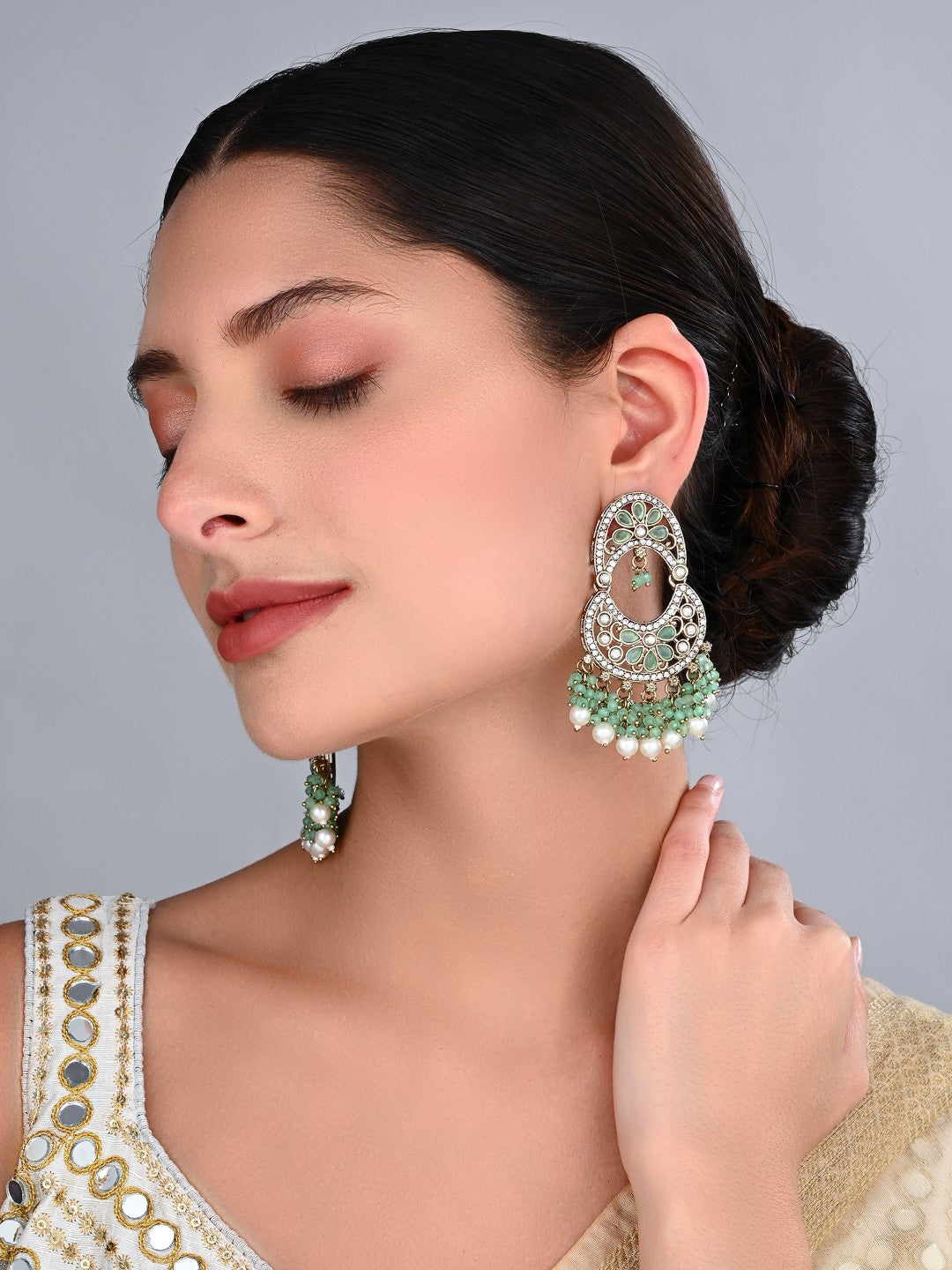 Gold-Toned Kundan Drop Earrings with Mint Green Bead Fringe