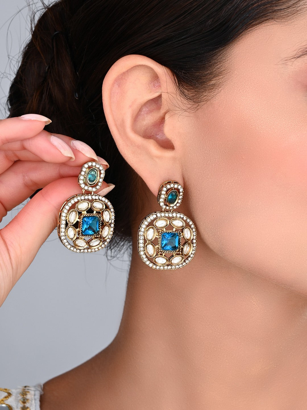 Kundan & Stone Embellished Statement Earrings blue