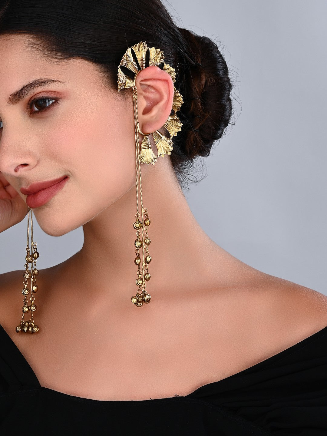 Ira Gold Floral Ear Cuff Chain Earrings