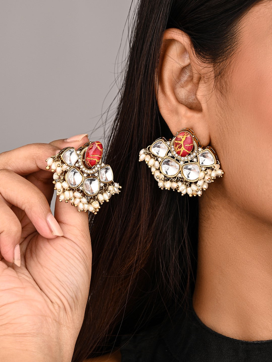 Gold-Plated Kundan Half Chandbali Earrings
