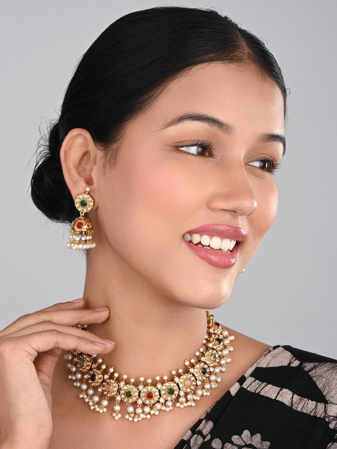 Gold-Plated Kemp Stone Necklace Set with Jhumka Earrings Multi