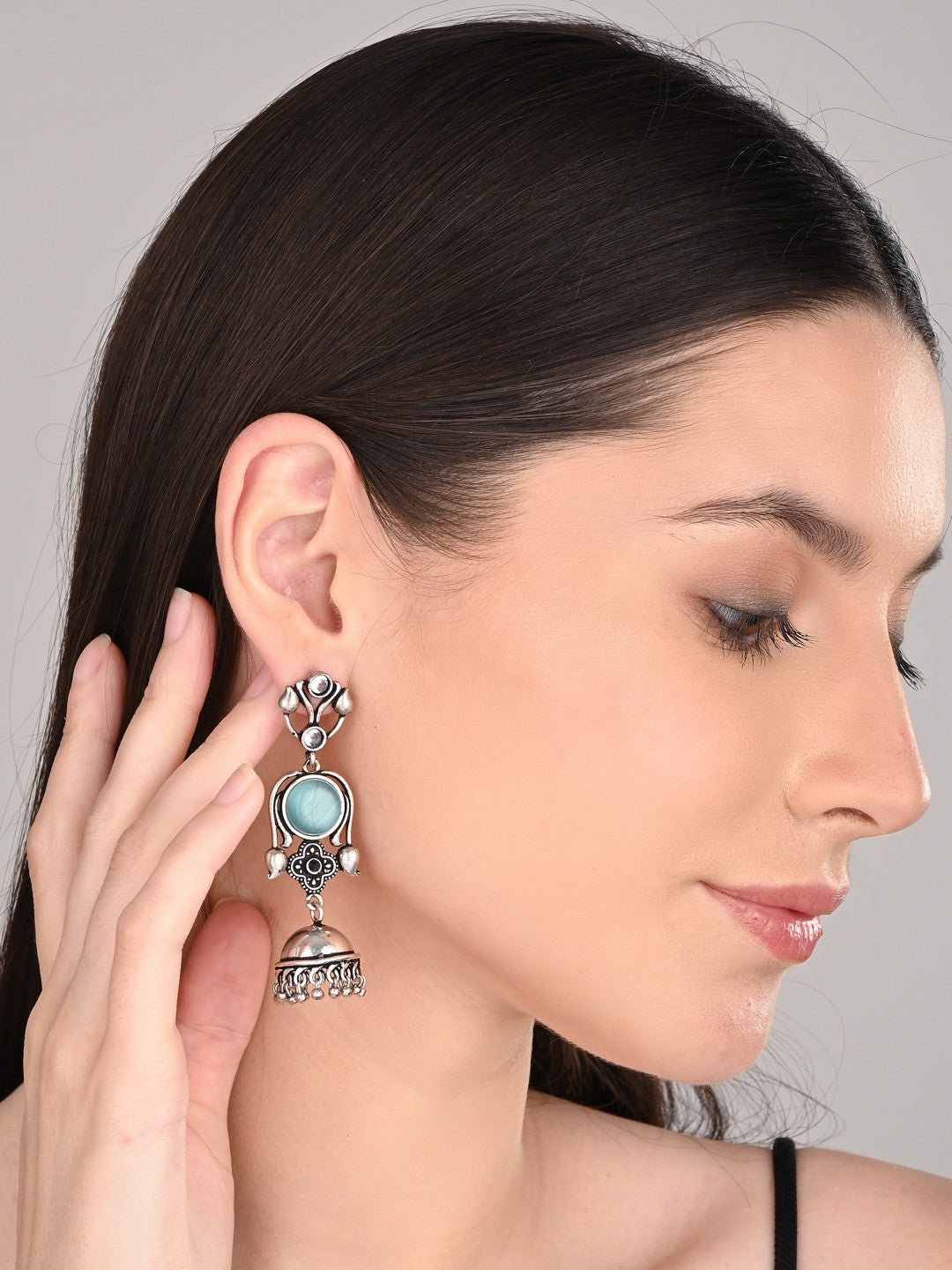 Silver oxydised lightweight long Jhumka Blue