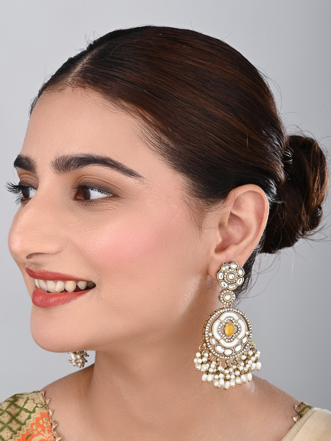 Cream & Citrine Chandbali Drop Earrings