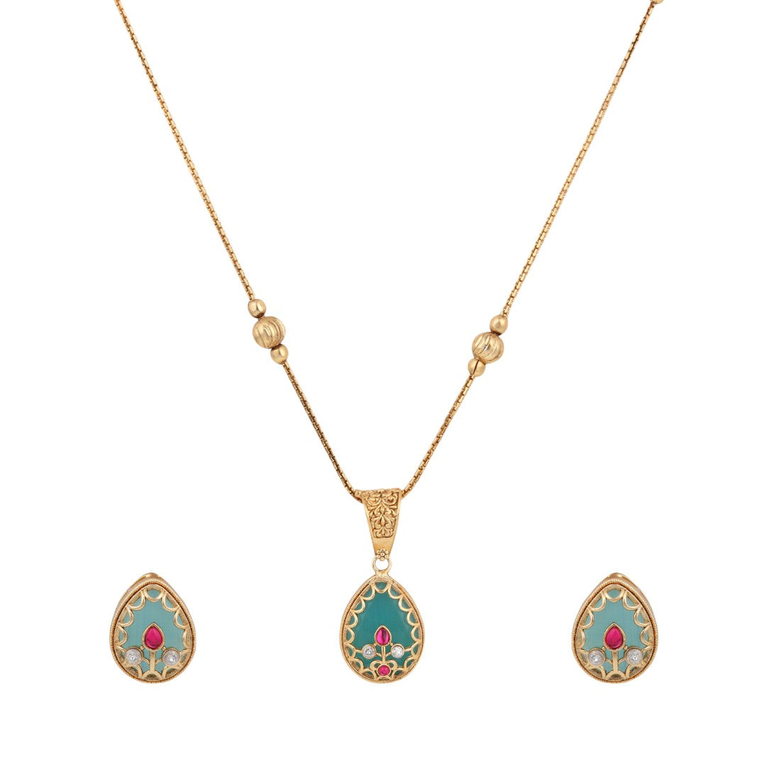 Tear drop Stone Kundan Pendant Necklace & Stud Earrings Set Green