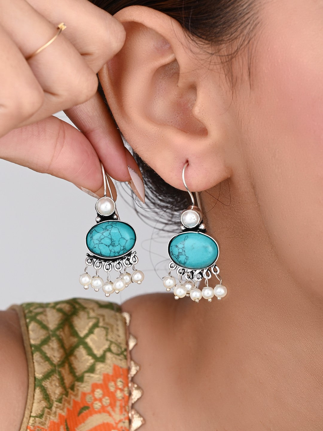 Turquoise Stone Pearl Fringe Drop Earrings