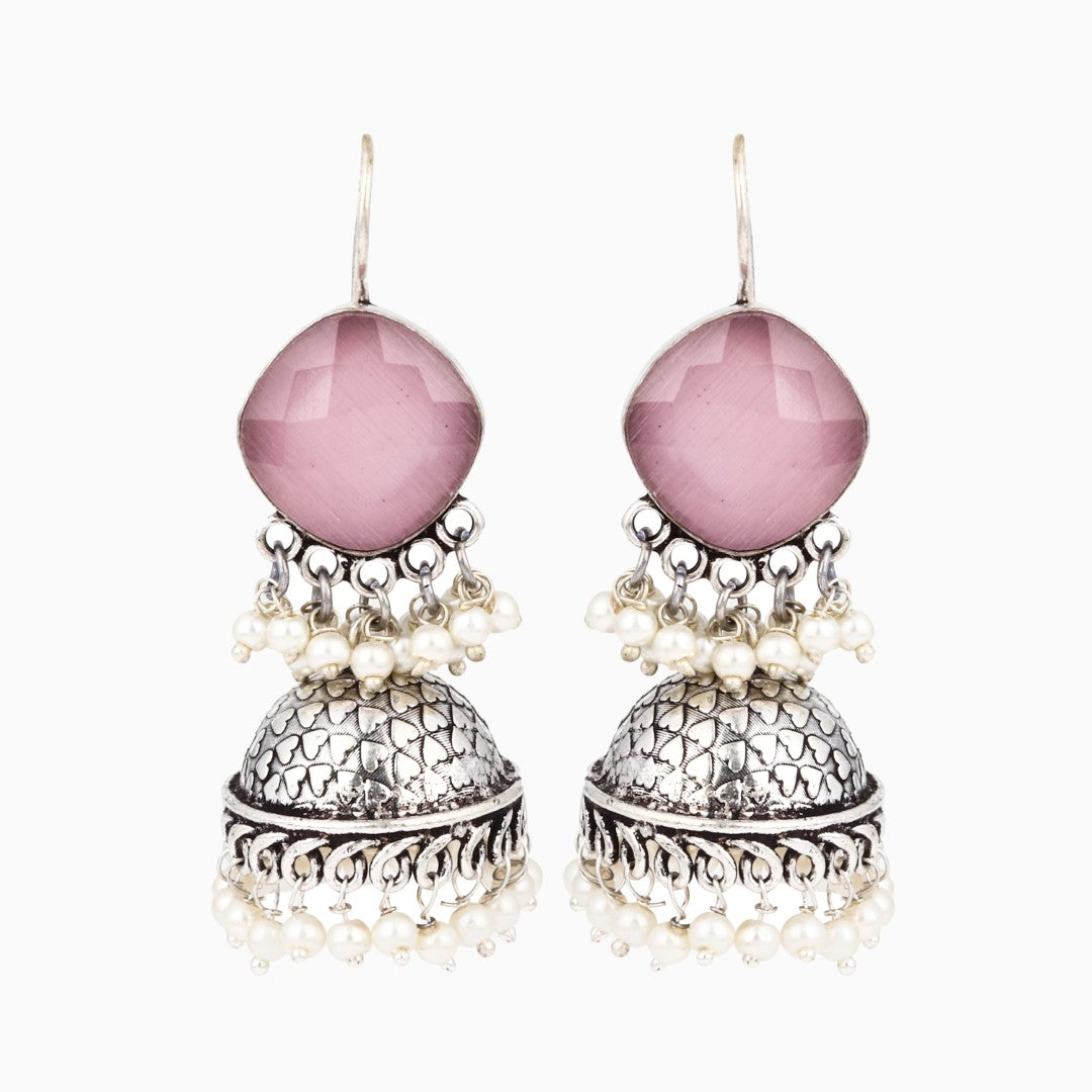 Silver Oxidised finish Jhumka with Pink Stone