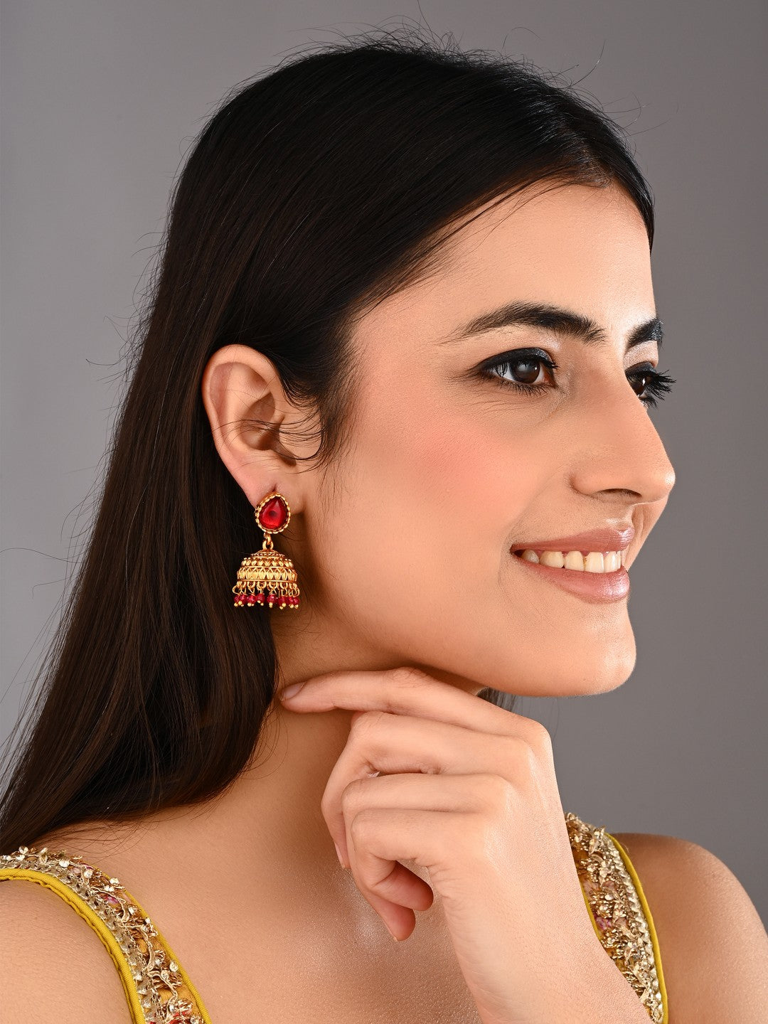 Teardrop Shaped Gold plated Jhumkas Earrings Red