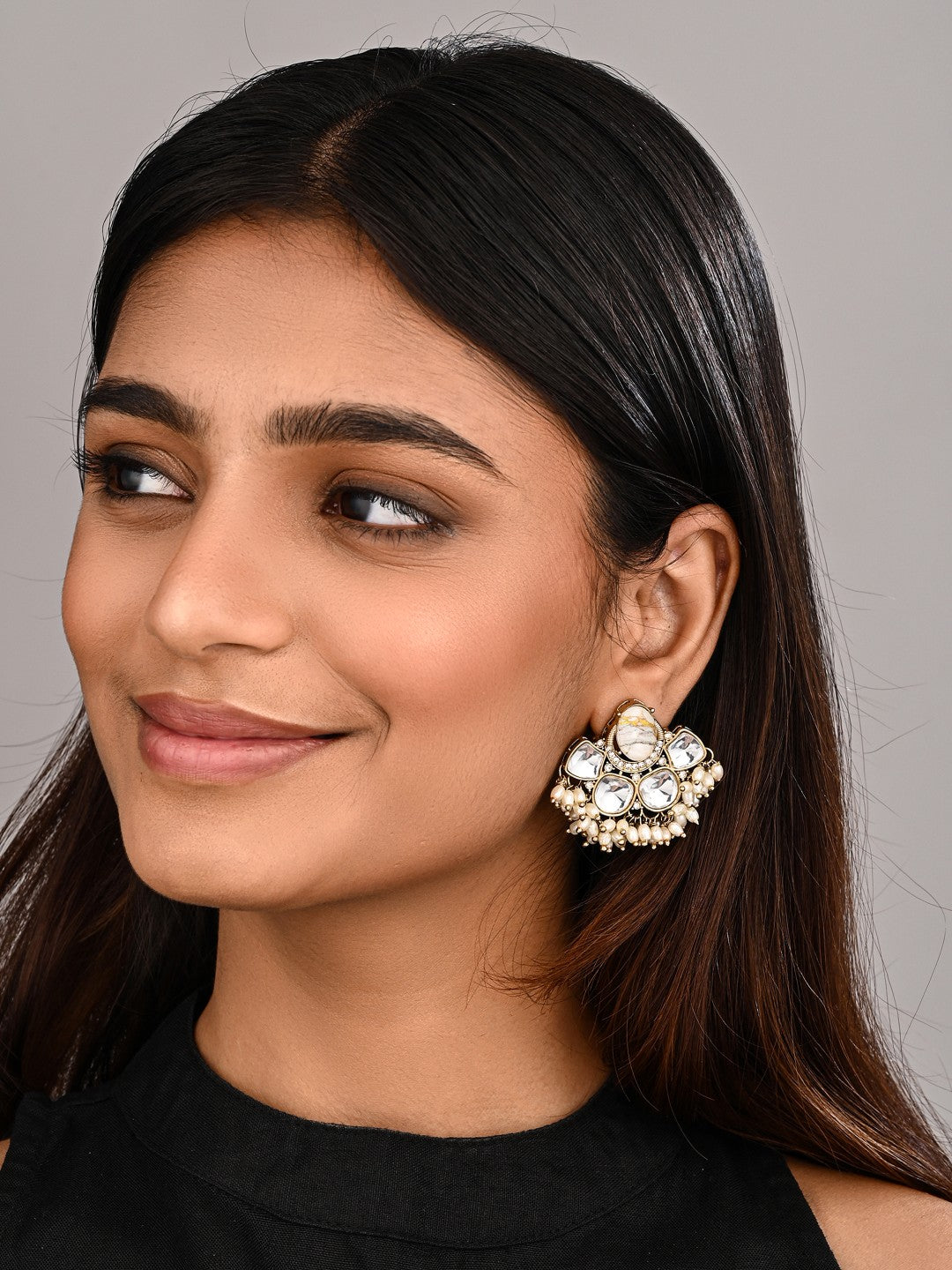 Gold-Plated White Kundan Half Chandbali Earrings