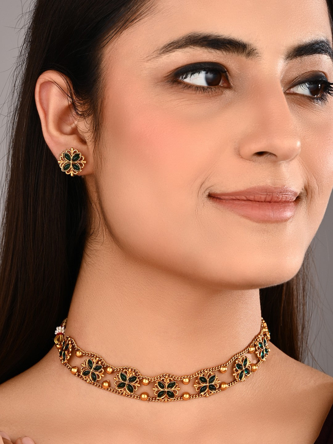 Gold plated floral Necklace set - Green