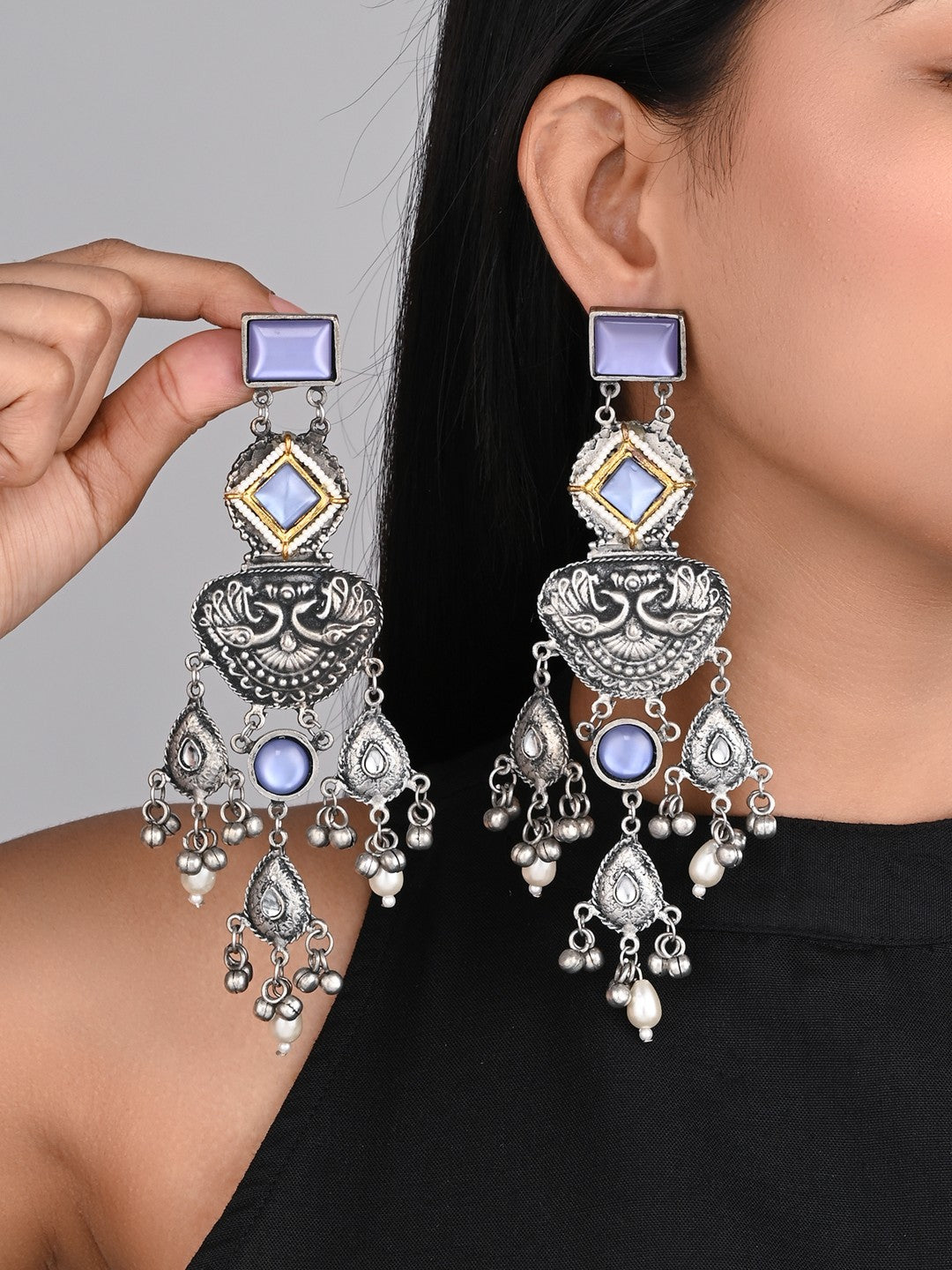 Silver oxydised lightweight long Drop Earring with Blue Stone
