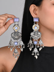 Silver oxydised lightweight long Drop Earring with Blue Stone