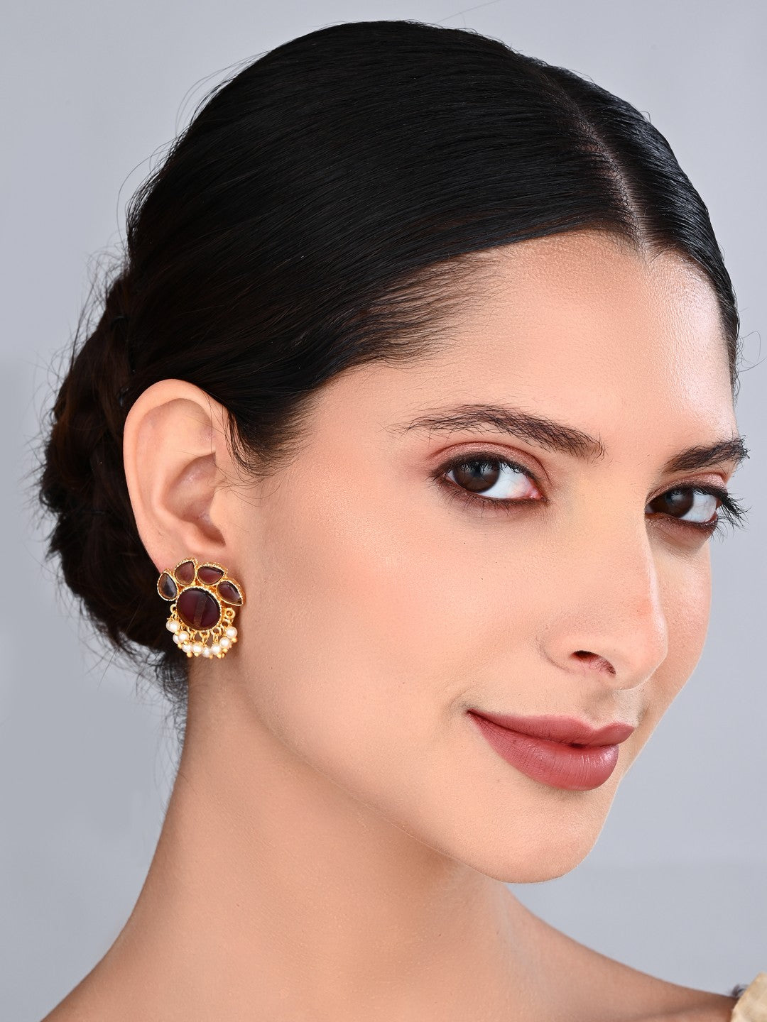 Stone Gold-Toned Earrings with Pearl Drops - Purple