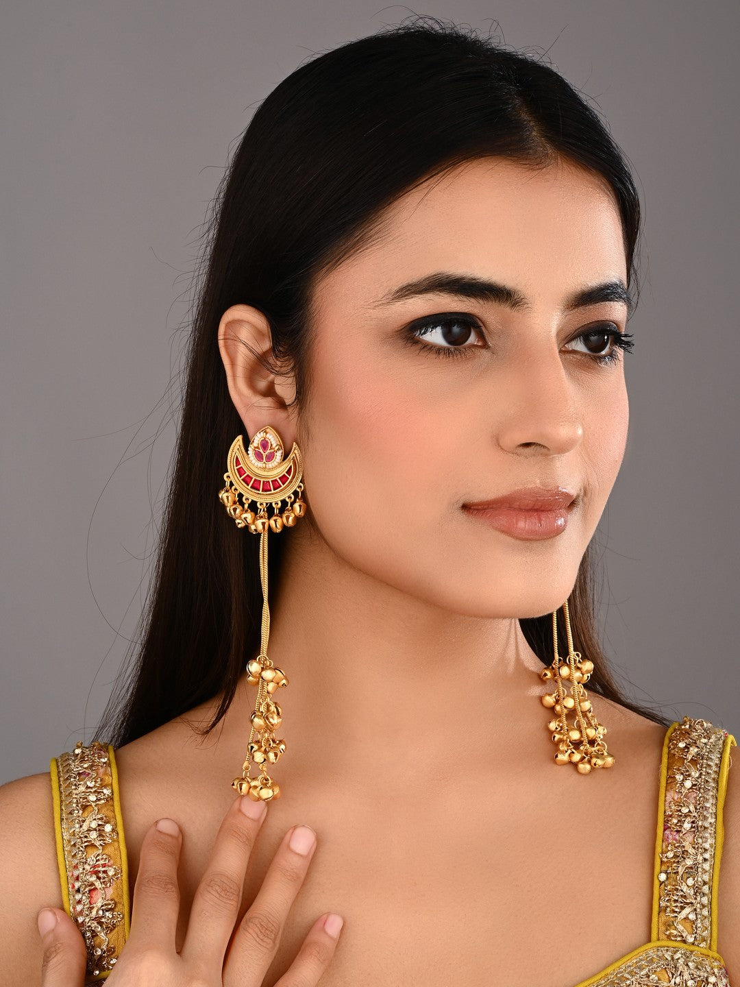 Red Enamel Crescent Moon Jhumka Earrings