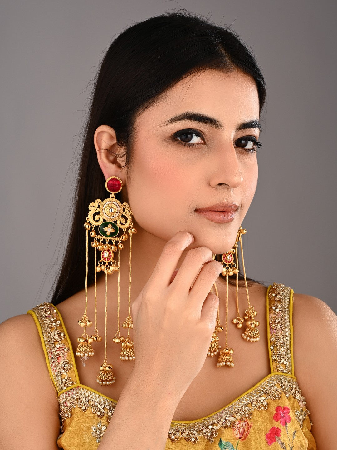 Ruby & Emerald Chandbali Chandelier Earrings