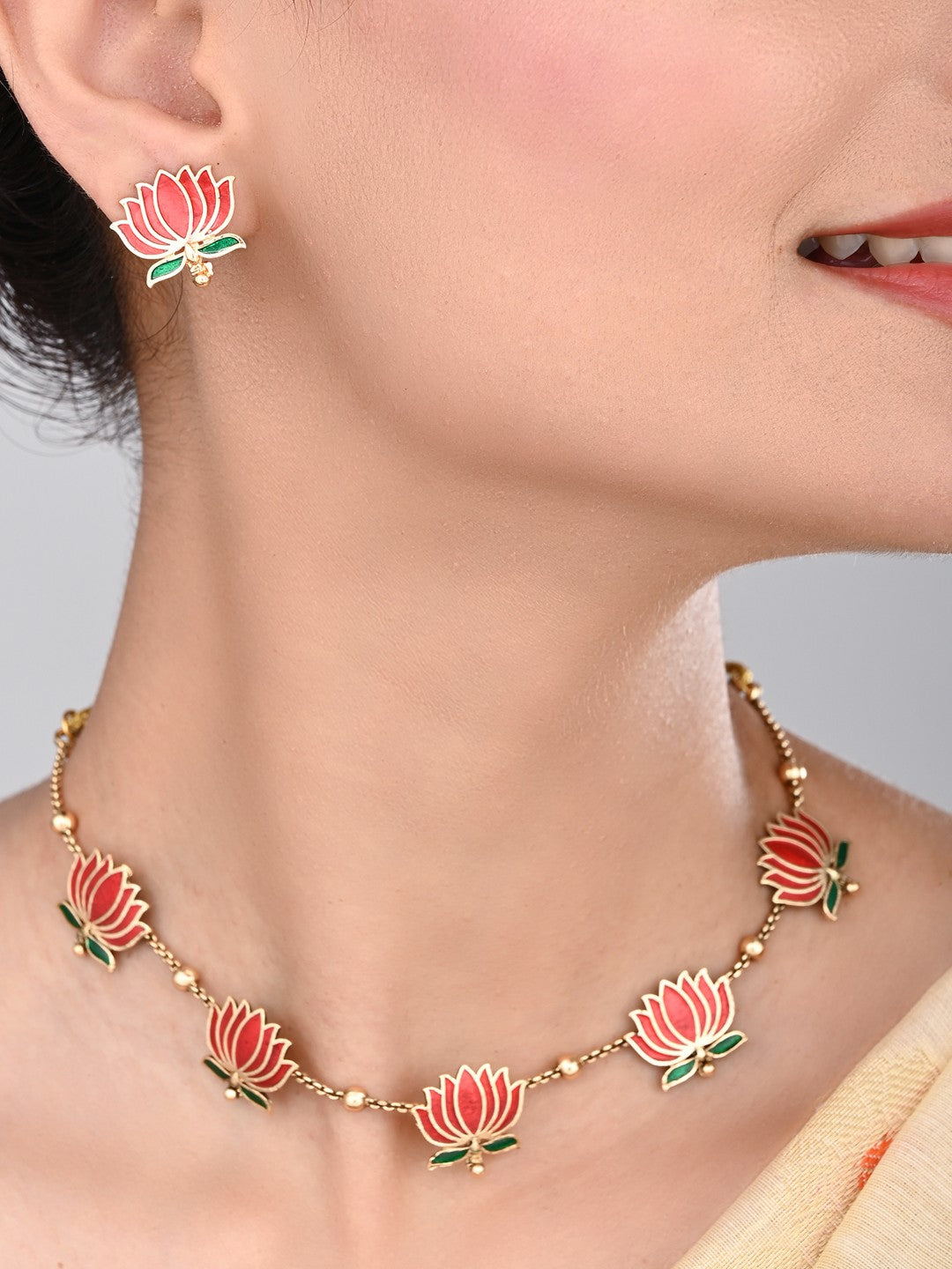 Gold Plated Delicate Lotus Necklace Set - Red
