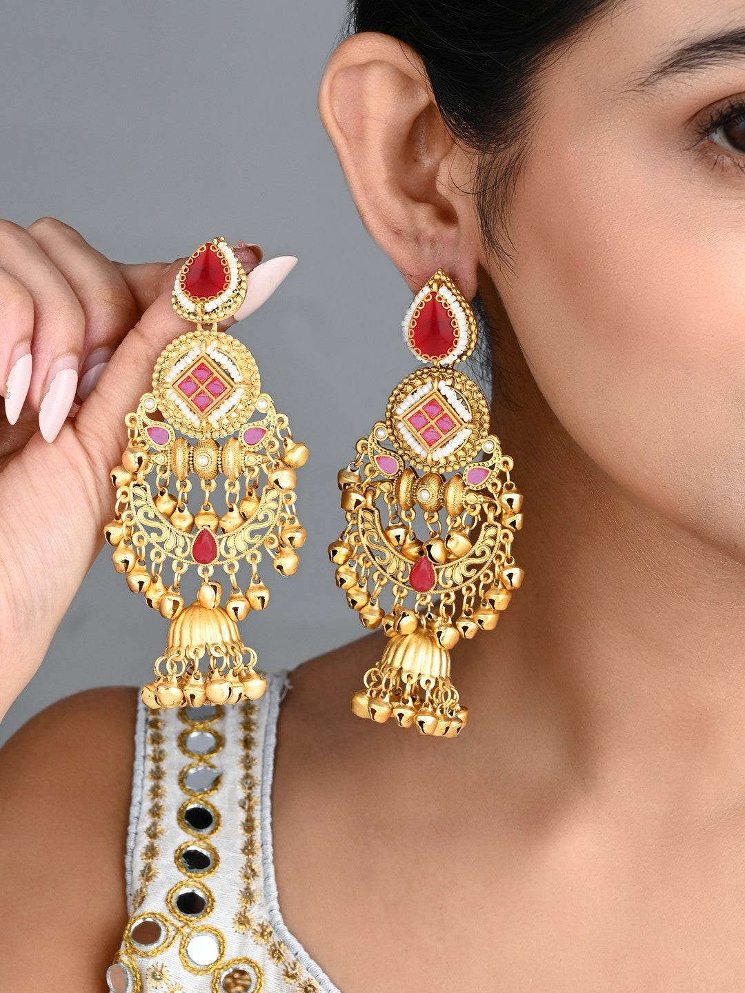 Kundan Chandbali Jhumka Earrings with Ghungroo Red