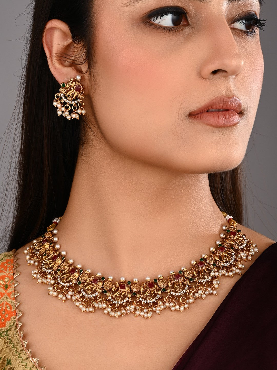 Ruby Pearl Filigree Elephant Necklace Earrings Set