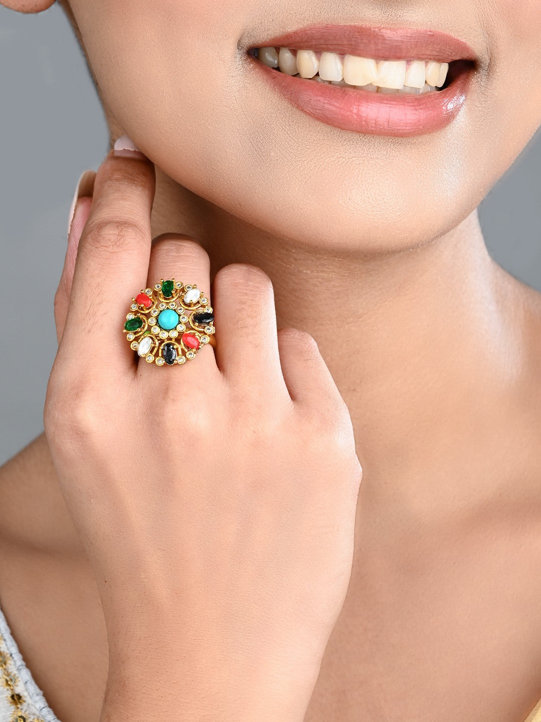 Multicolor Floral Statement Ring – Gold Finish Adjustable Cocktail Ring