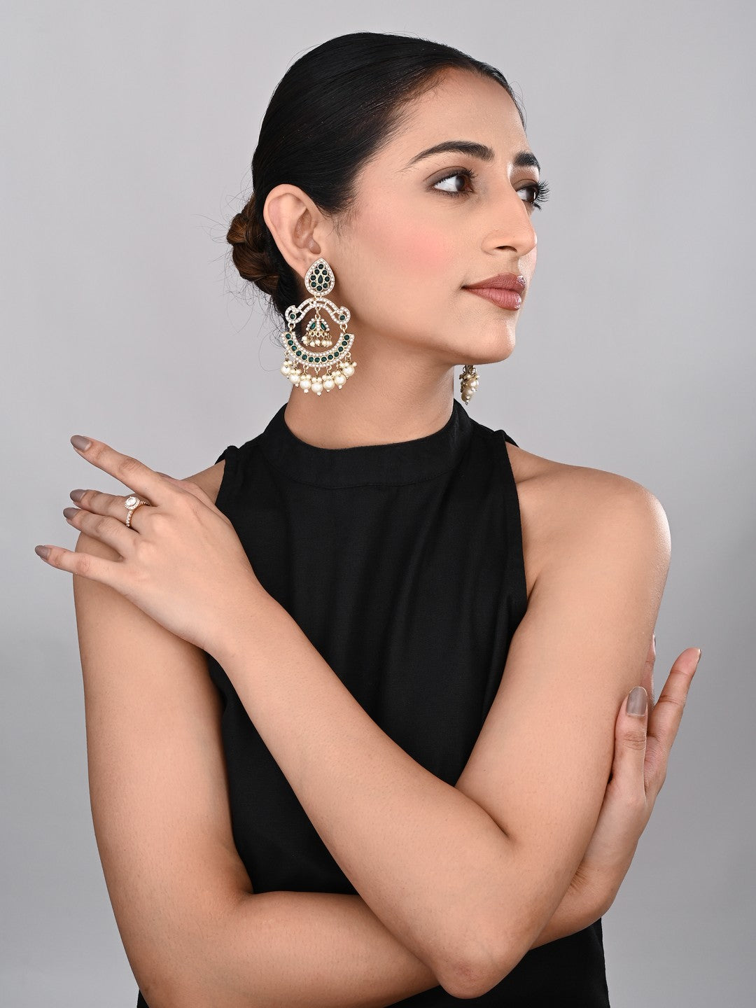 Gold plated Stone & beads chandbali Earring -Green