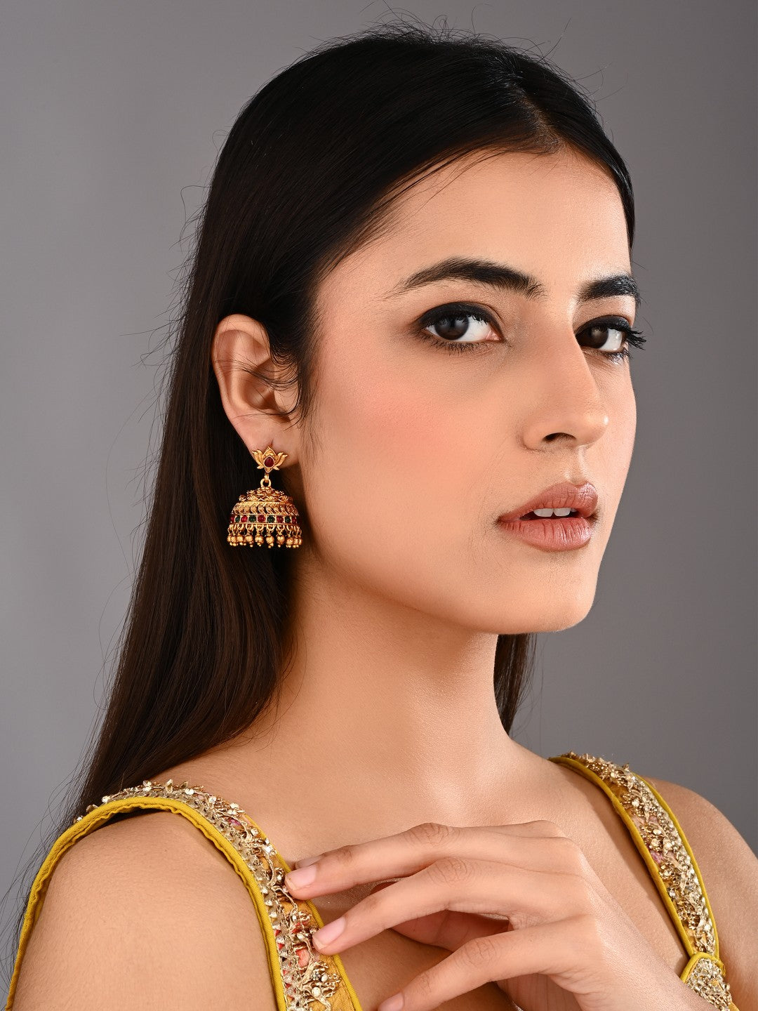 Ruby & Emerald Filigree Jhumka Earrings