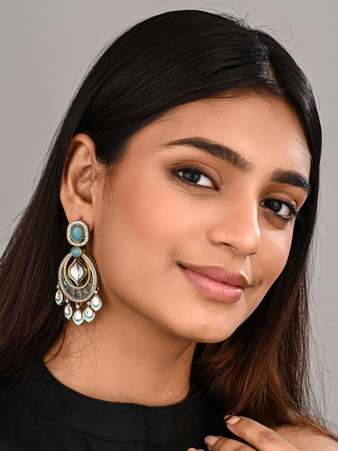 Kundan Chandbali Earrings with Teardrop Danglers- Blue