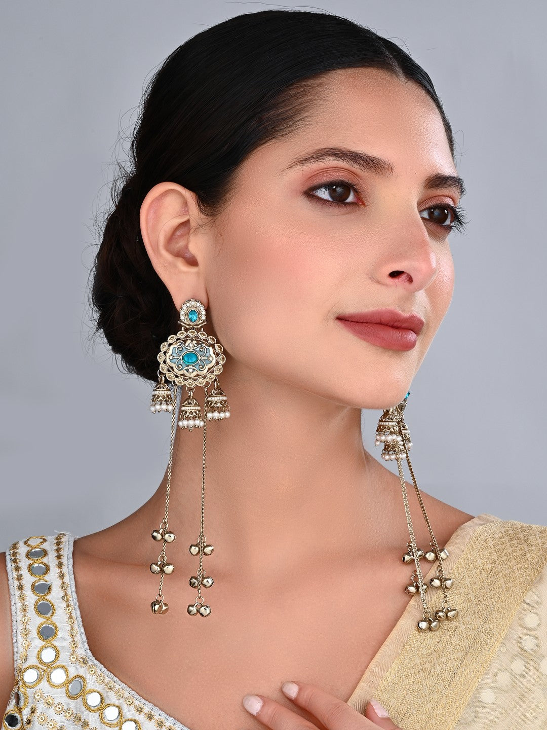 Gold-Toned Long Drop Earrings with Turquoise Stone Accents