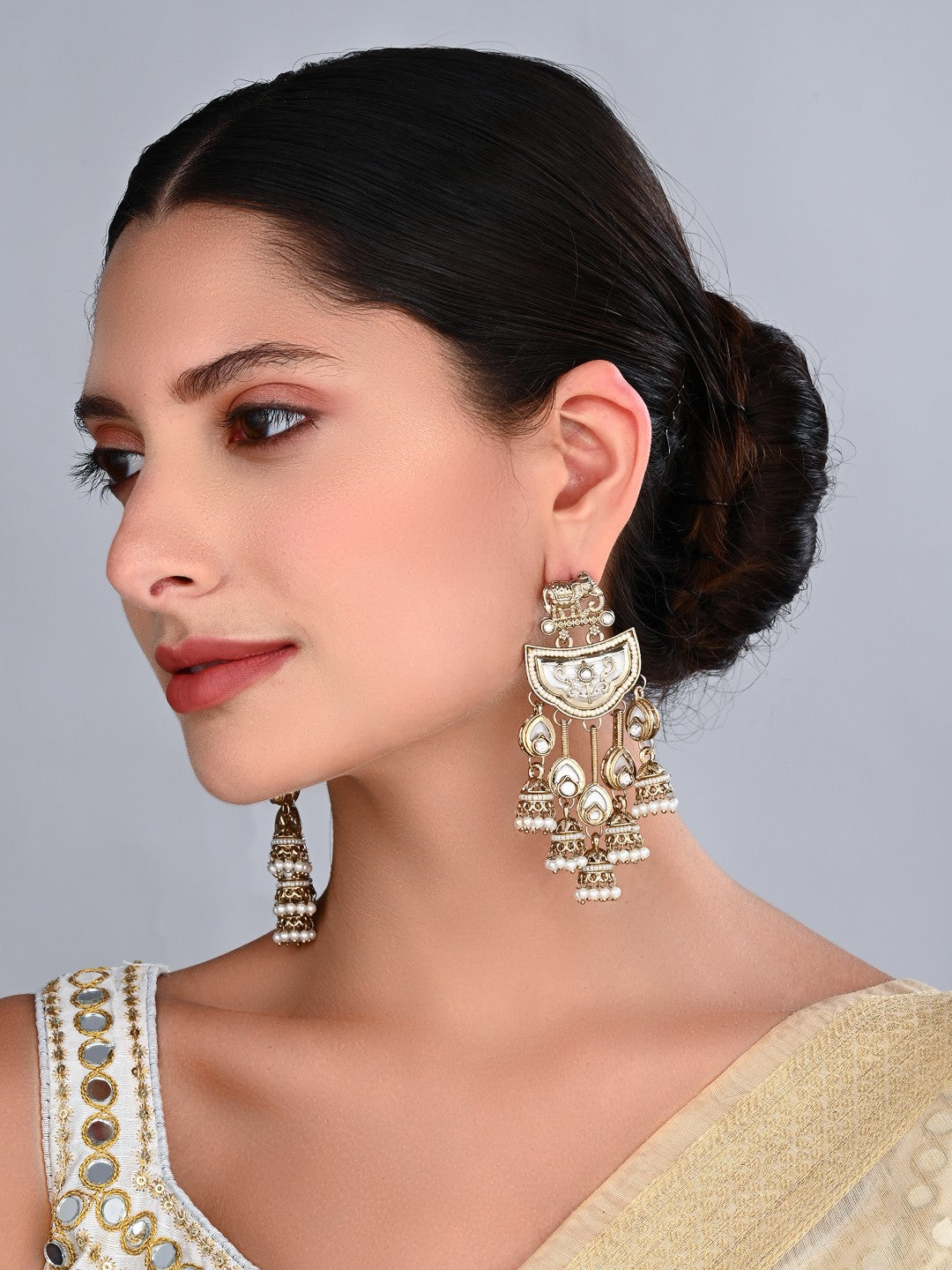 Gold-Toned MOP Chandelier Earrings with Jhumka Drops