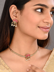 Antique Gold-Tone Pink Lotus Choker Set