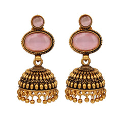 Pink stone top & Gold Jhumka Earring