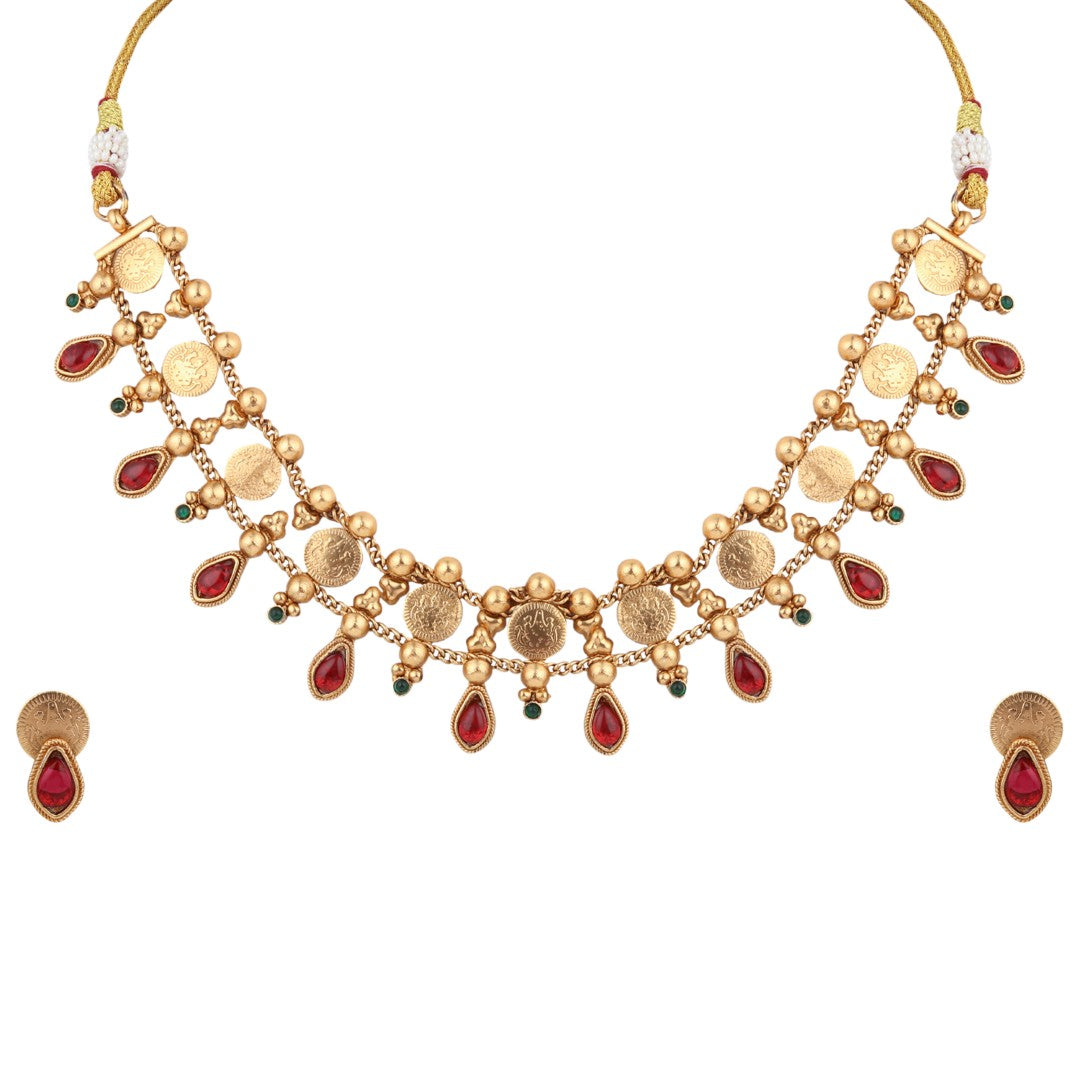 Antique Gold Kundan Floral Necklace Set with Bead Drops Red