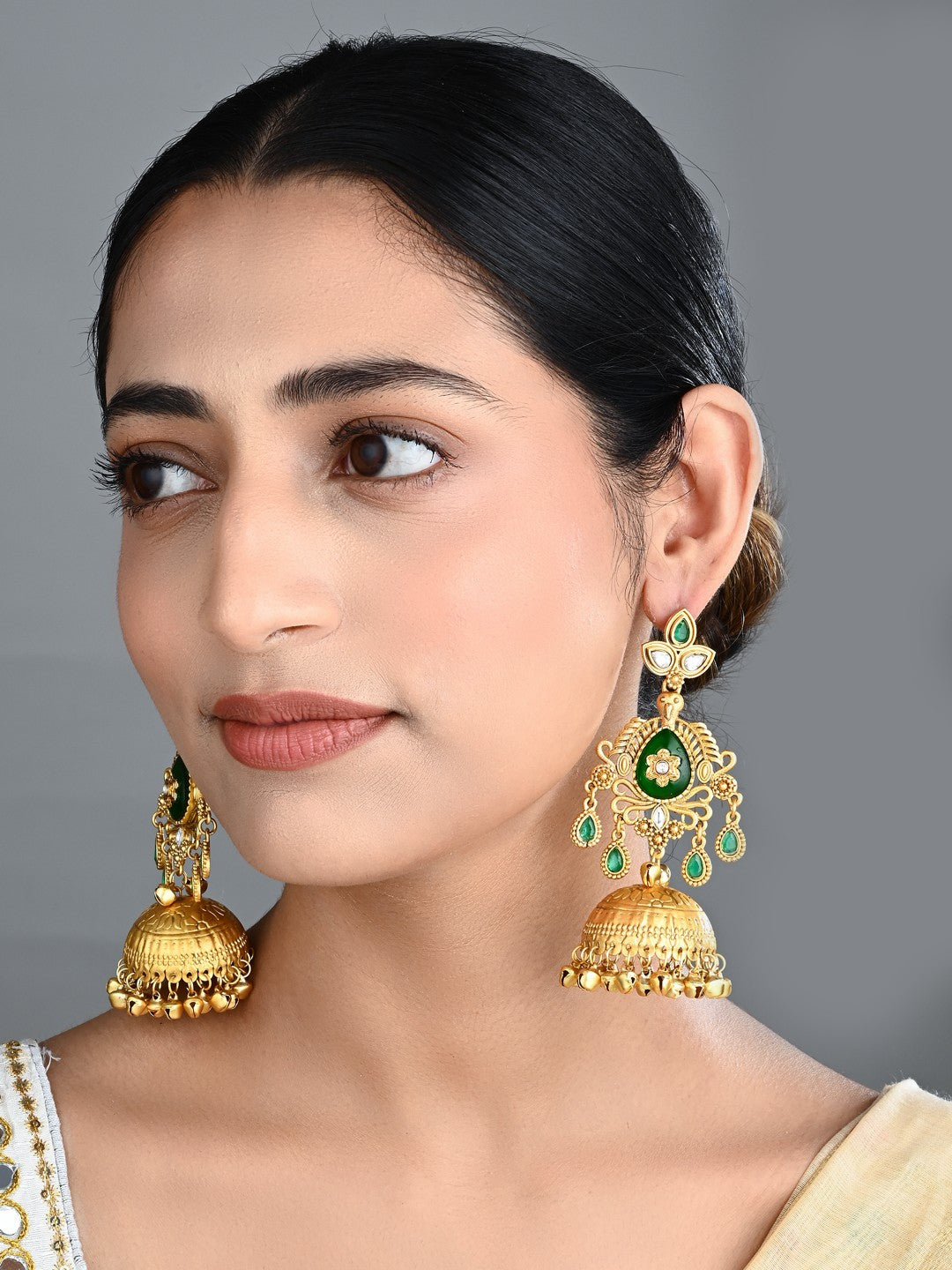Emerald Green Temple Jhumka Earrings with Ghungroo Drops