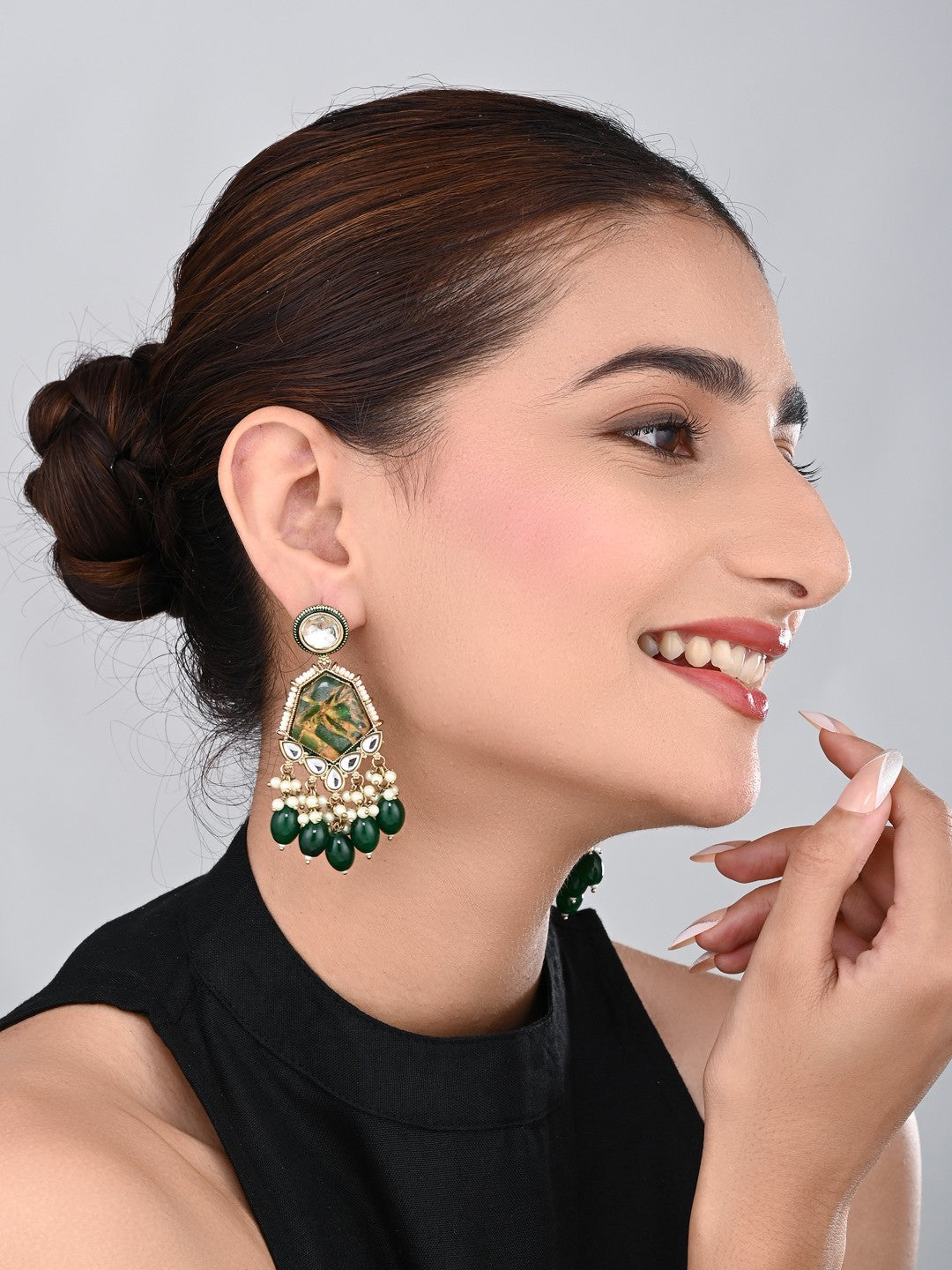 Gold plated two tone Geometric stone drop earring - Green