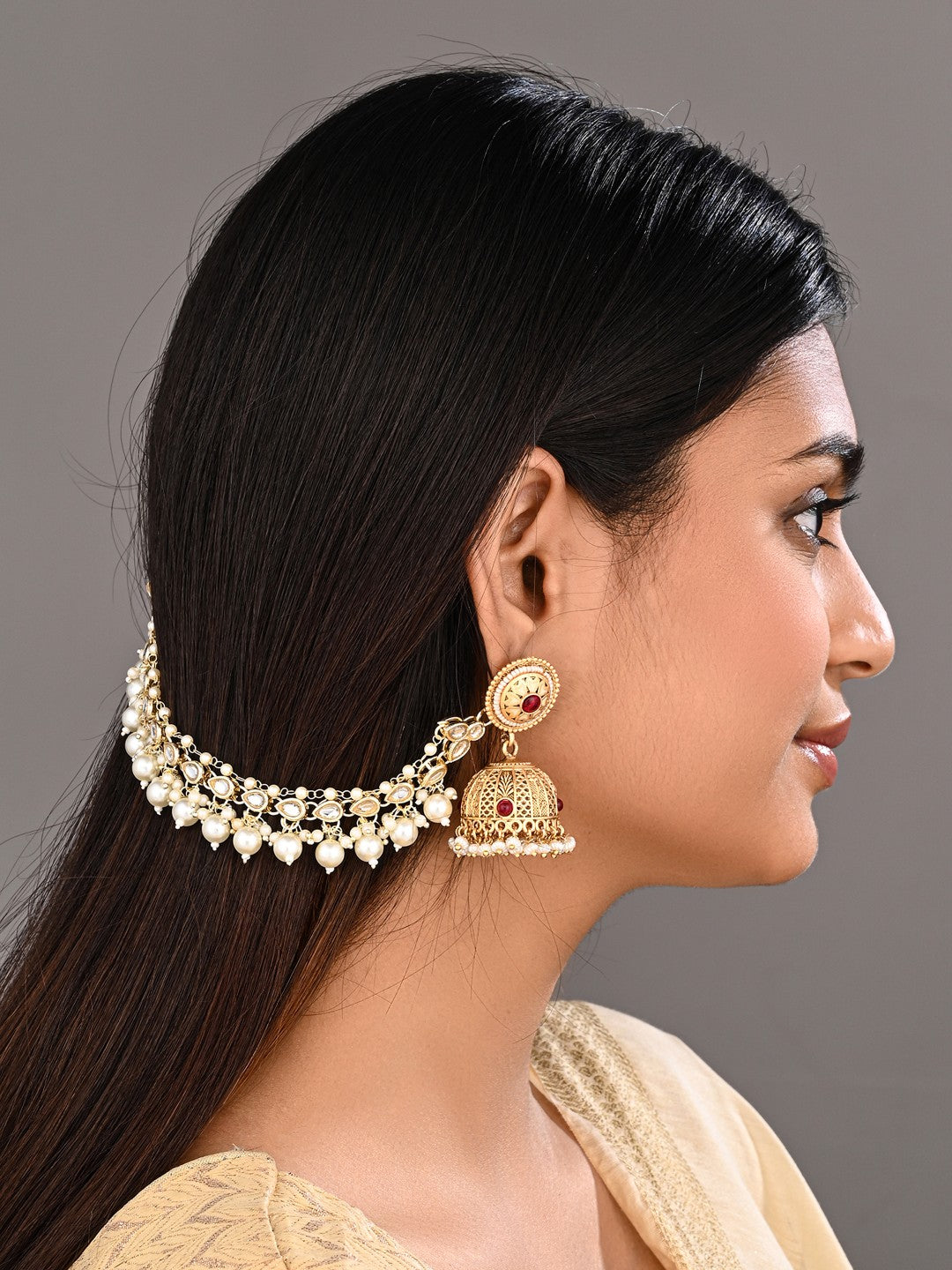 Elegant Gold-Plated Kundan & Pearl Ear Chains