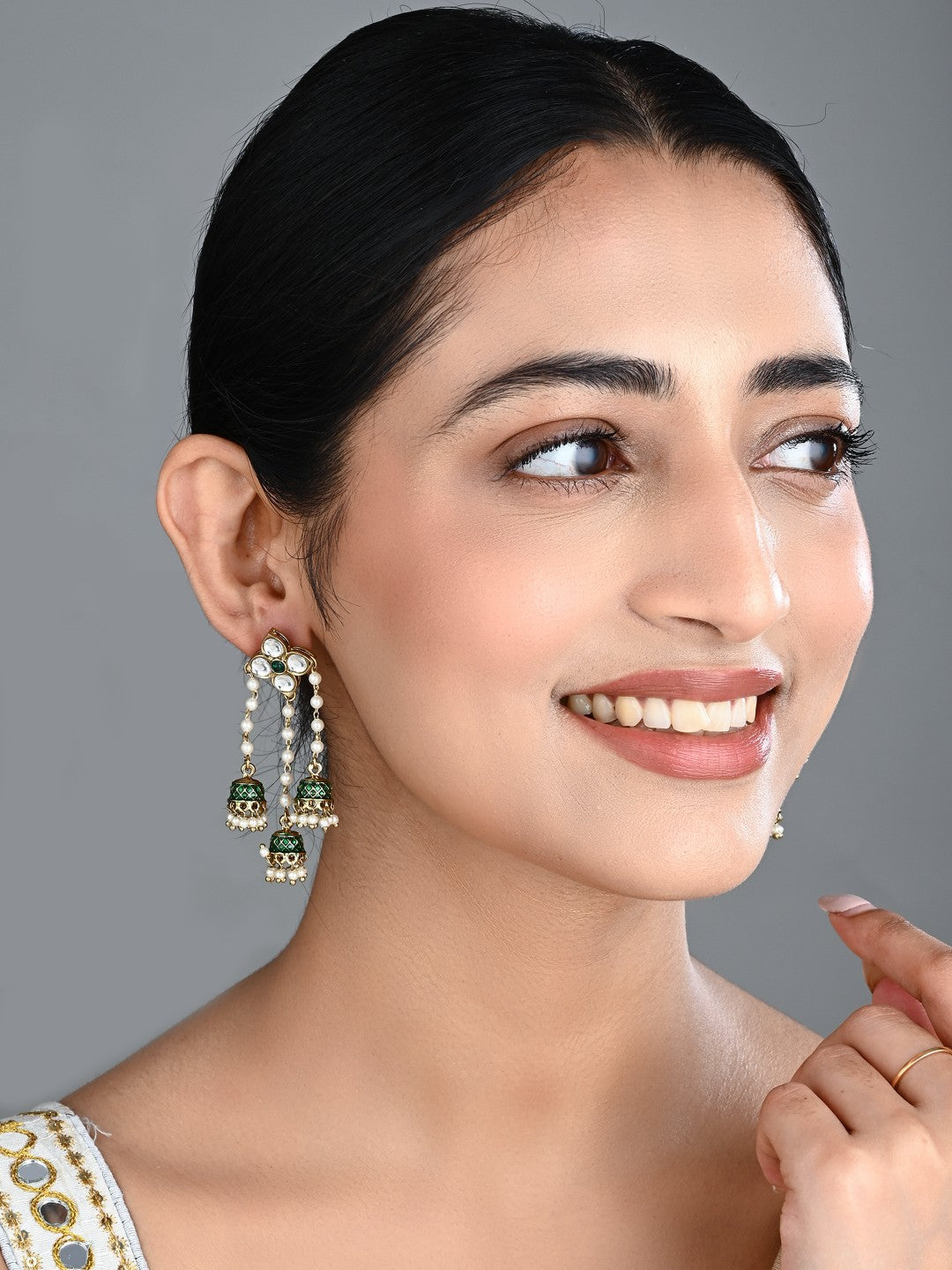 Kundan Pearl Tassel Statement Earrings - Green