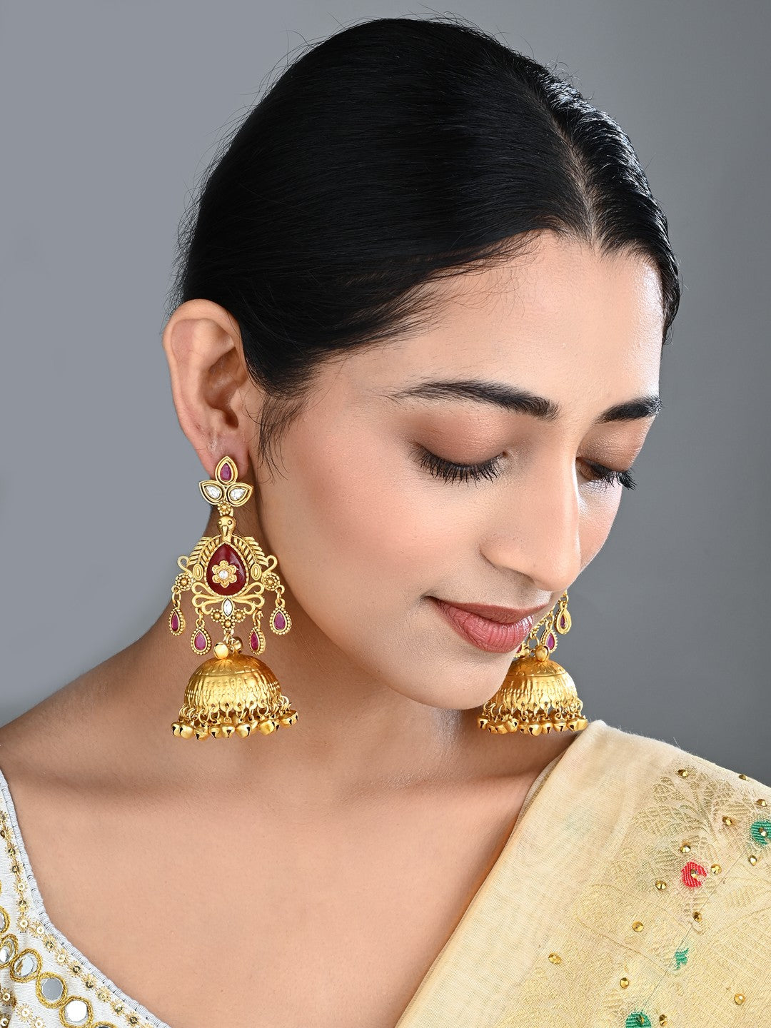 Ruby Red Temple Jhumka Earrings with Ghungroo Drops