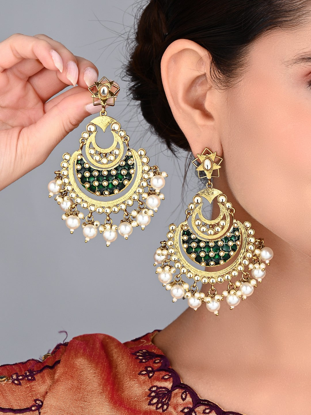 Aadhya Green Meenakari Chandbali Earrings