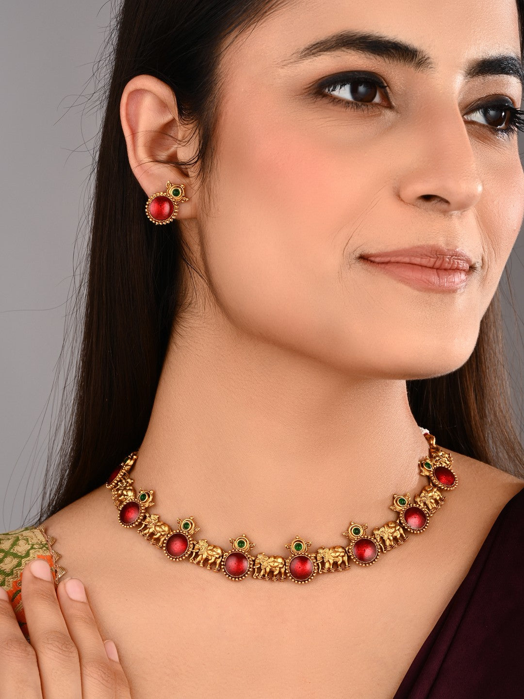 Gold plated Meenakari & Elephant Motif Necklace set - Red