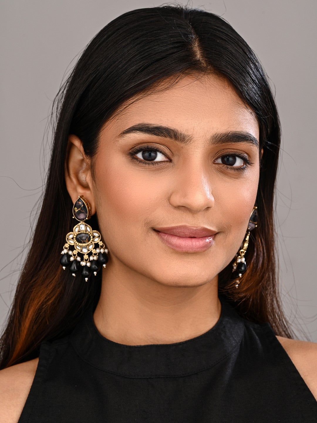 Gold-Plated Black Kundan Chandelier Earrings with Bead Drops